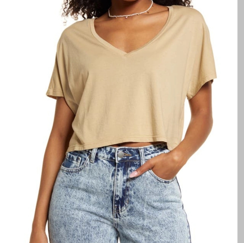 BP Dolman V-Neck Crop T-Shirt Tan Sz S